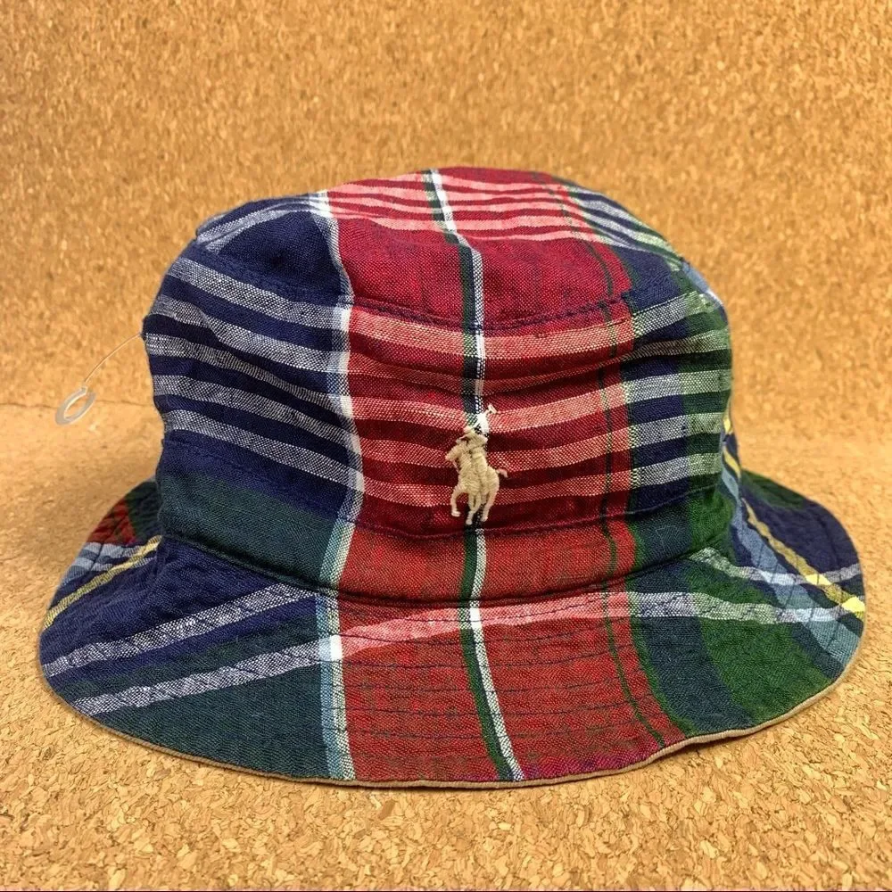 Polo Ralph Lauren Vintage Blue Bucket Hat Green Pony Plaid Band Frayed Edge S/M Ralph Lauren Blue Plaid Bucket Hat Size S/M Blue Label Blue  main image 4